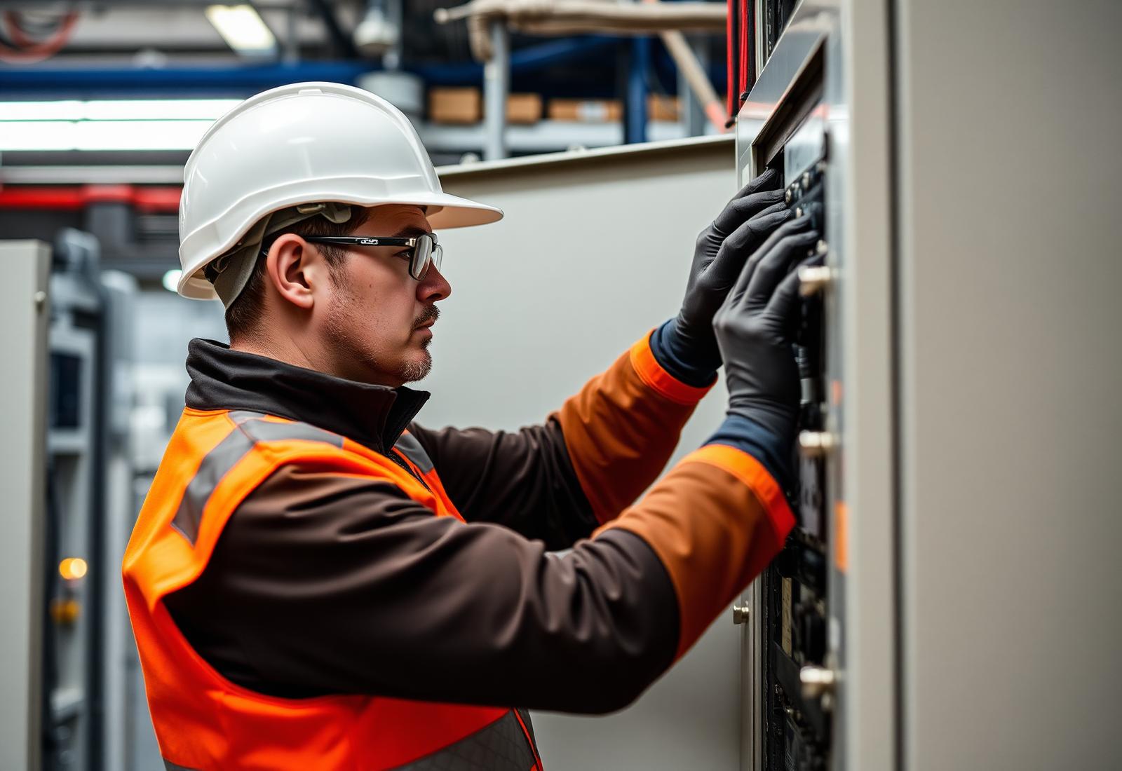 Technicien équipé intervenant sur une armoire électrique en sécurité